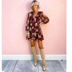 Japna XS Burgundy Floral Long Sleeve Dress